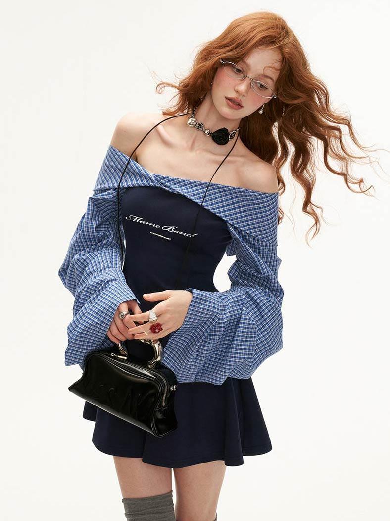 [MAMC] Check Off-Shoulder Logo Shirt Dress