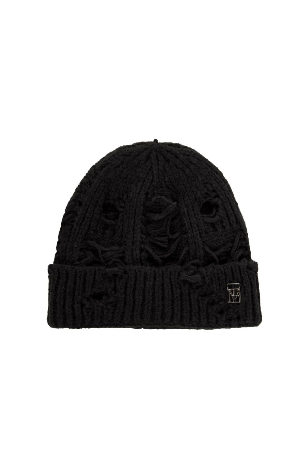 Distressed Knit Beanie [ Black ]