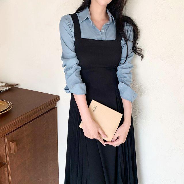 앤츠 플리츠 스퀘어넥 뷔스티에 하객룩 롱 원피스(5colot)_빈야드