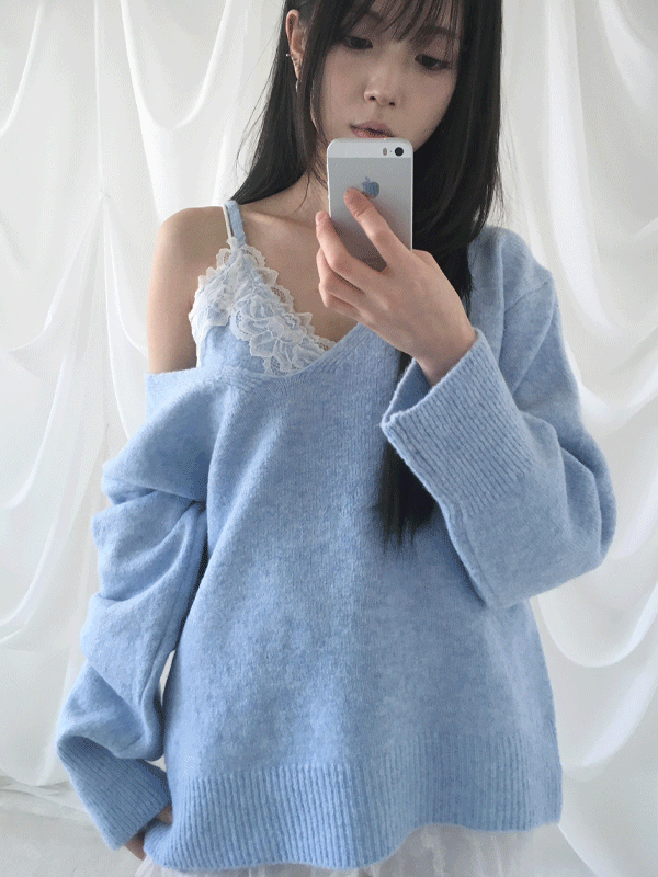 [new color 🌸] deep V lace knit SET