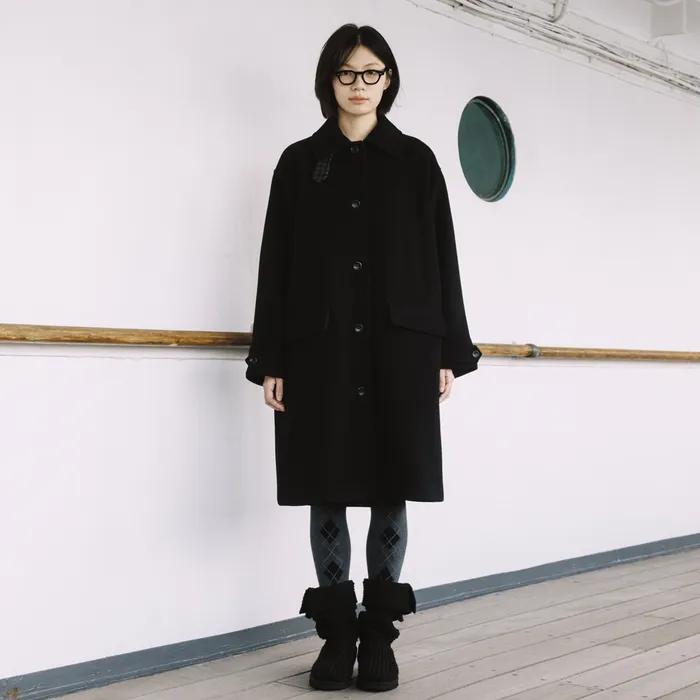 CHECK WOOL LONG COAT, BLACK