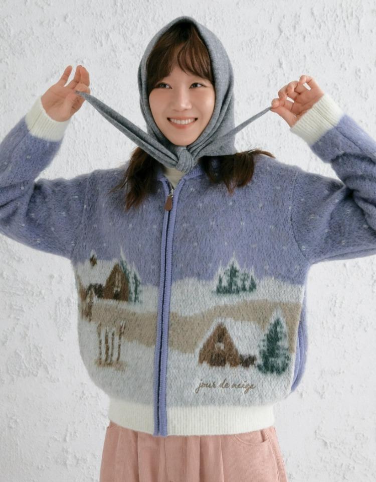 ski resort graphic knit zip up - smoke blue