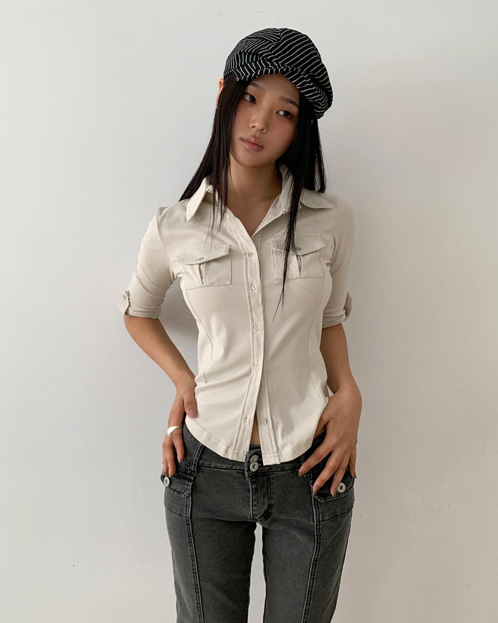 원더원더 [MADE/가을신상✨] 더쿠 포켓 롤업 버튼 카라 슬림핏 7부 셔츠