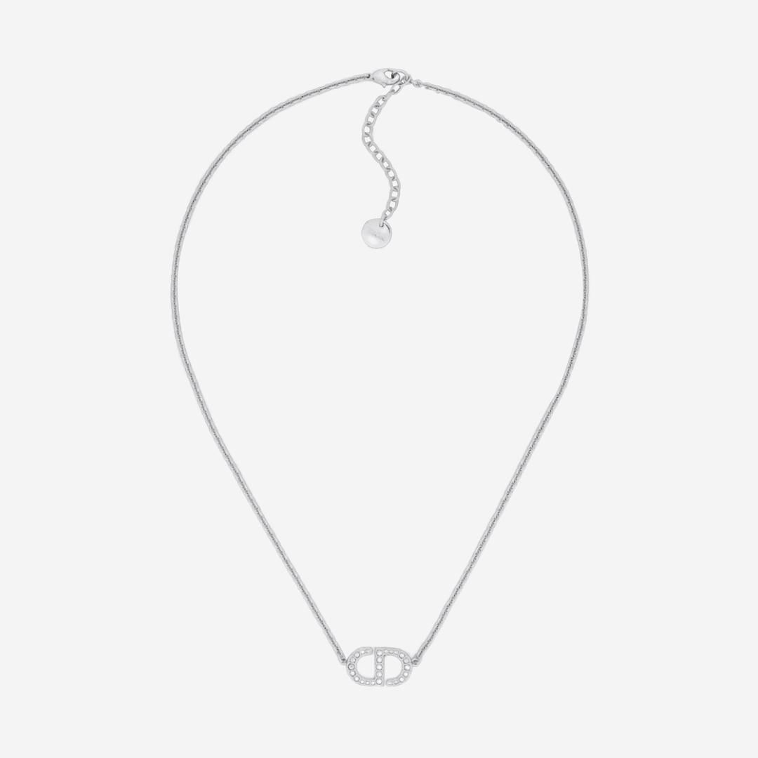 (W) Dior Petit CD Necklace Silver Finish Metal White Crystals