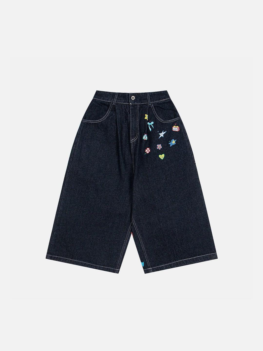Aelfric Eden Cartoon Sticker Graphic Baggy Longline Jorts - Dark Blue / S