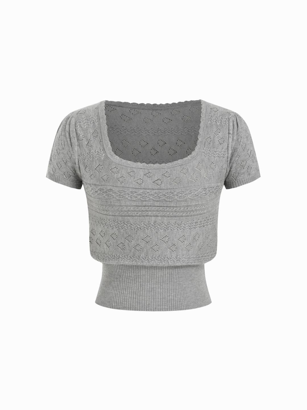 Cable Knit Square Neckline Geometric Puff Sleeve Top