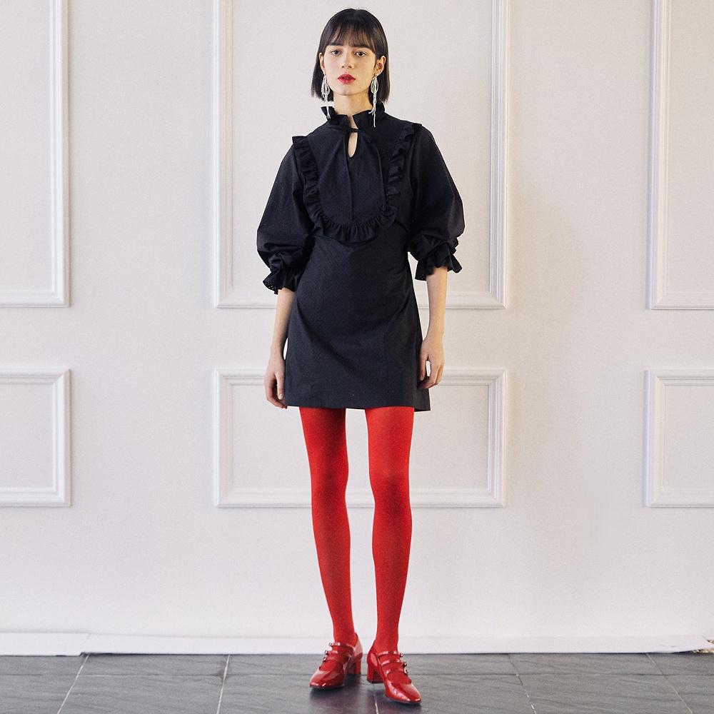 Sleeve Banding Frill Dress-Black