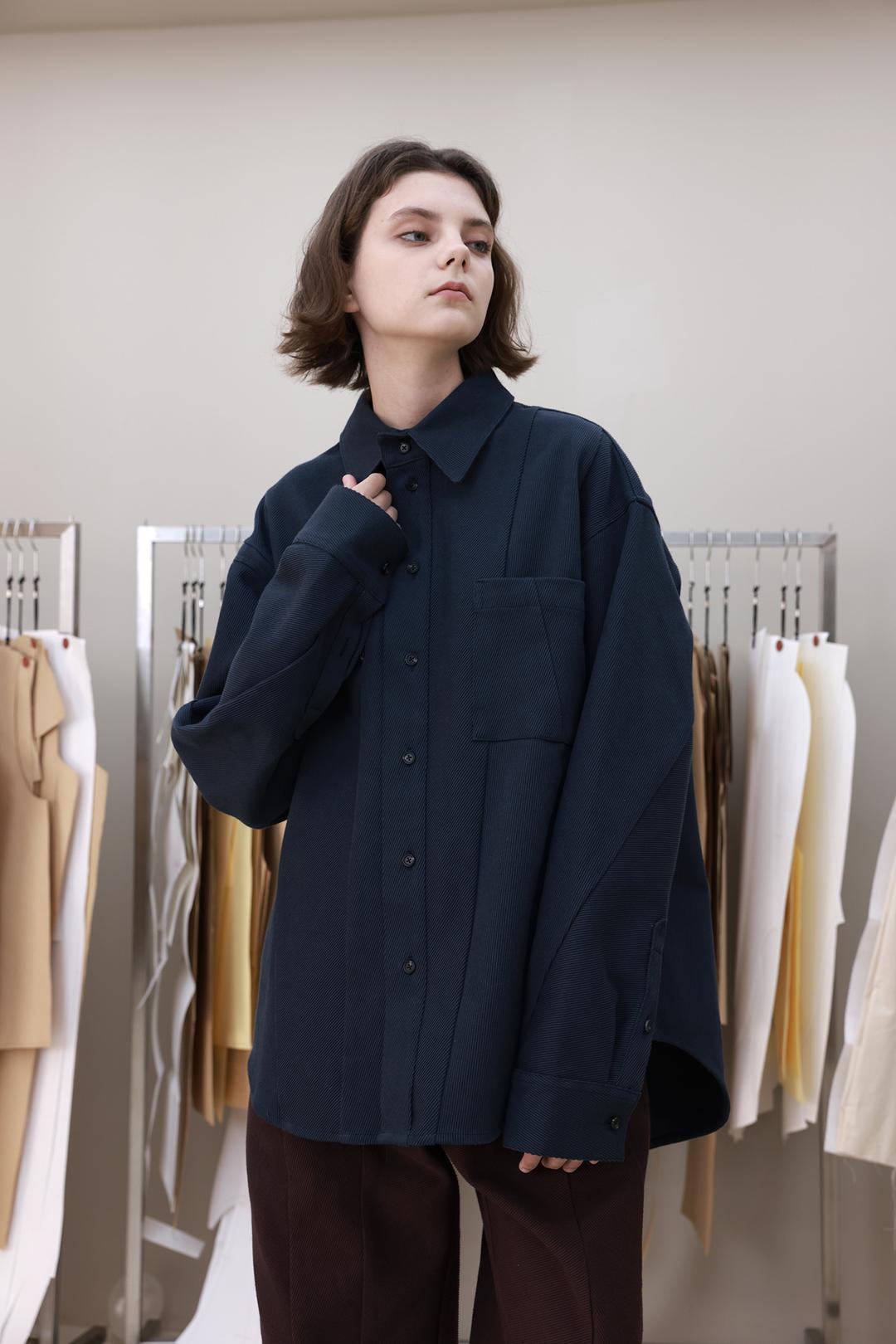 Aslant Bias Panel Shirts Jacket _ Twill Aegean Blue