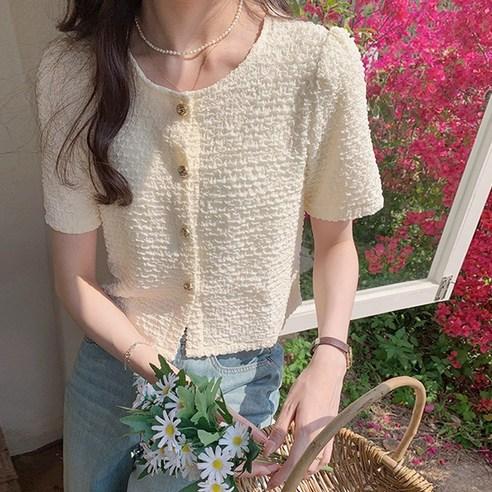 메이킹유 반팔 라운드넥 크롭 단추 데일리룩 W8777디셀블라우스 - 상의류 | 쿠팡