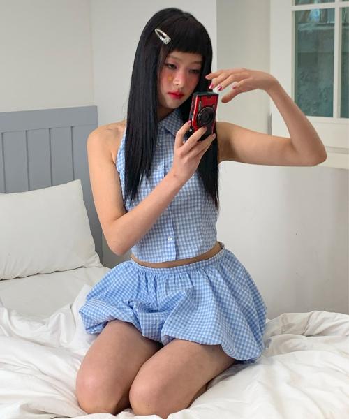 유희(YOUHEE)  CHECK HALTER NECK SHIRTS LIGHT BLUE - 사이즈 & 후기 | 무신사