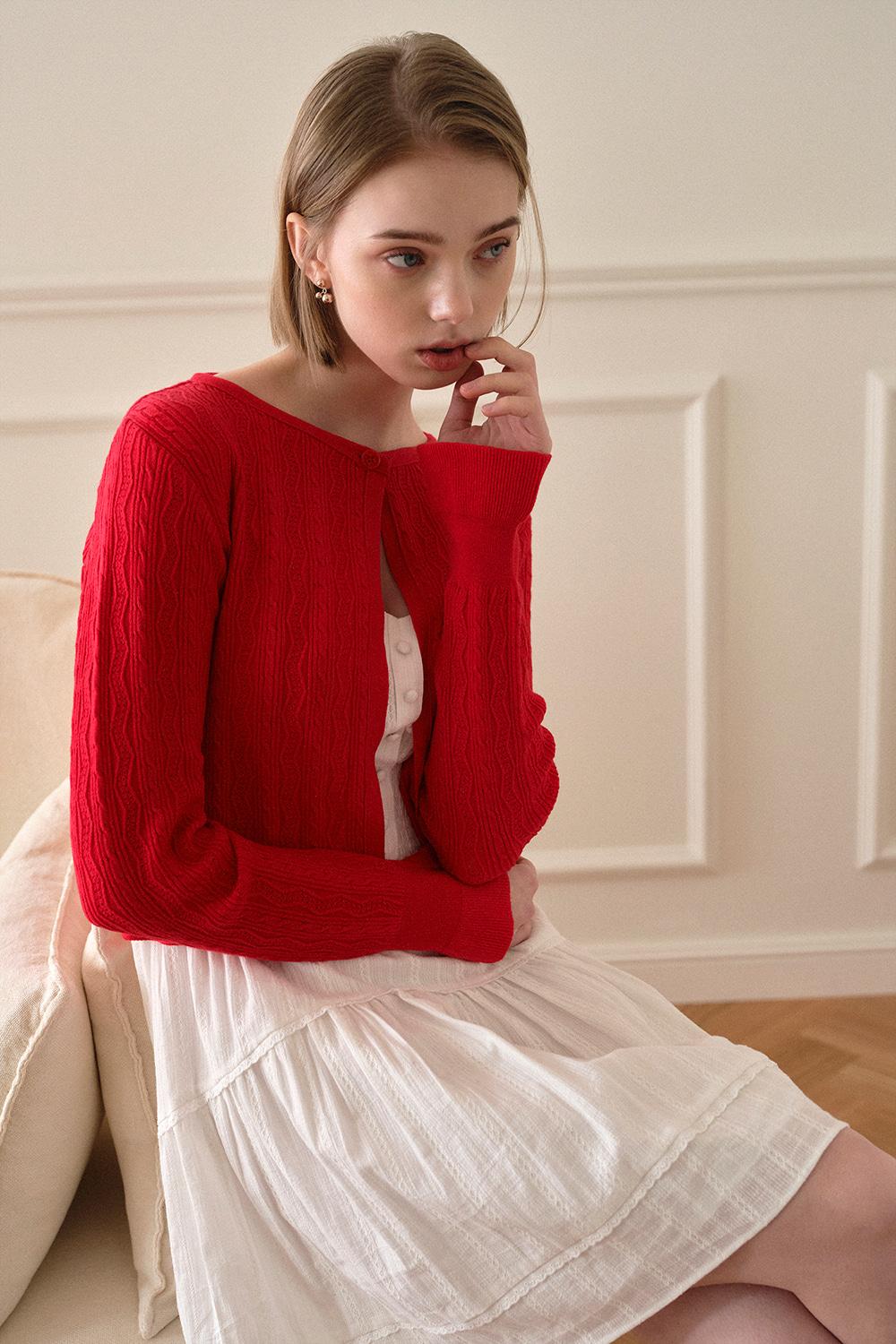 One-button cable knit cardigan (Red)