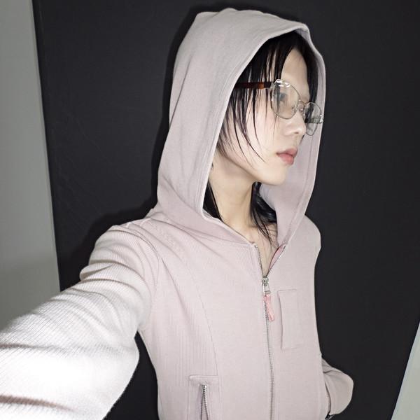 Ribbed pocket full zip up hoodie ash pink