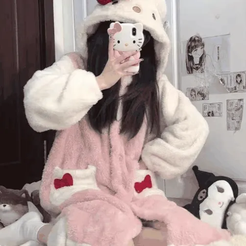 왕 리본 고양이 극세사 수면 잠옷 파자마 겨울 가을 털 기모 후드티 퍼 패딩 수면바지 홈파티 여행 공주 일본 키치y2k 원피스 투피스 세트 캐릭터 인형 타올 크리스마스 선물 키티