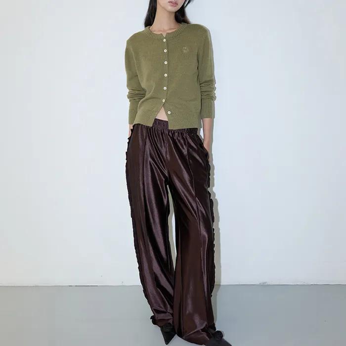 GLOSSY RUFFLE TRACK PANTS BURGUNDY BROWN