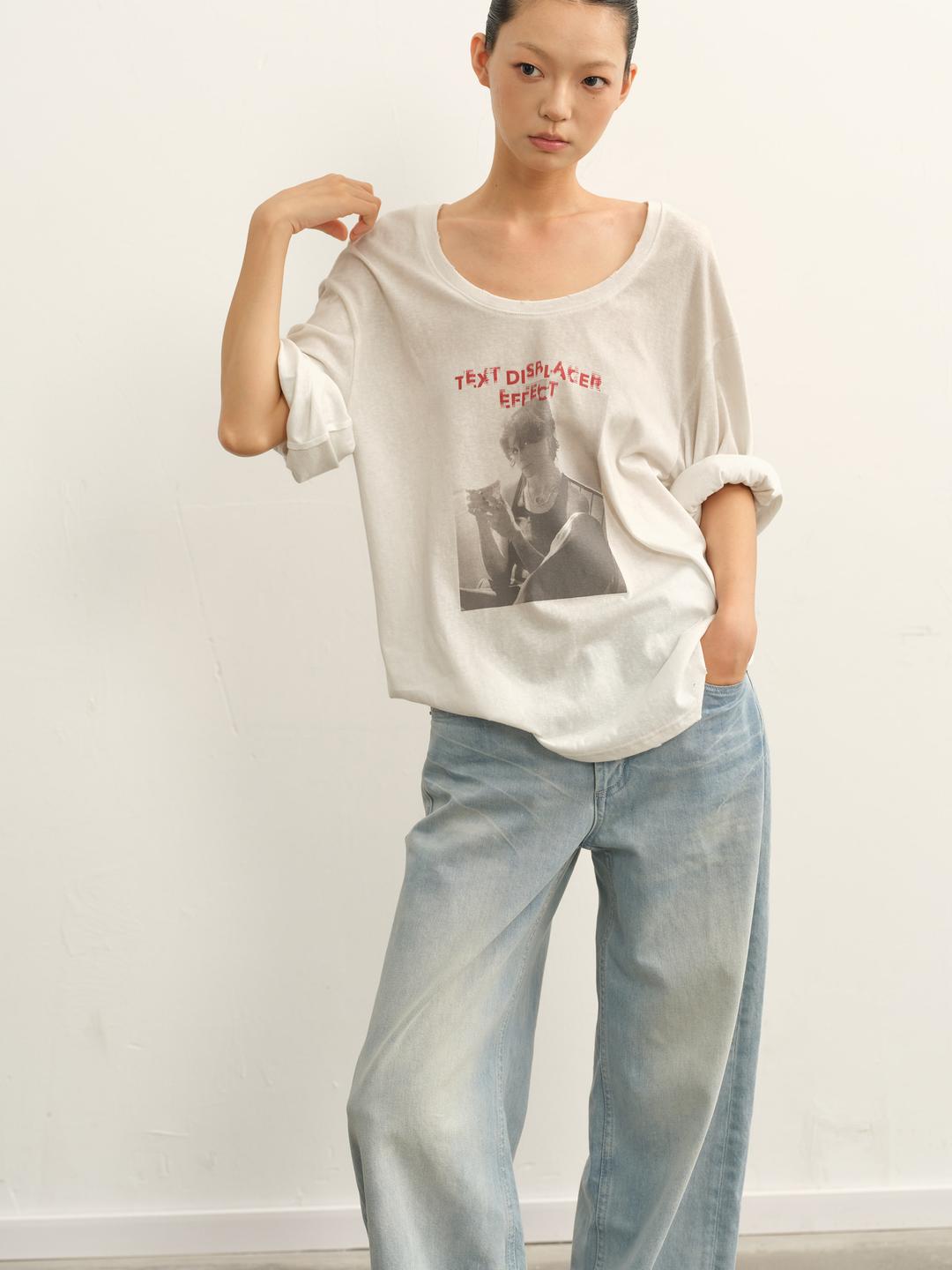 LINY LIBERTY U-neck retro print T-shirt