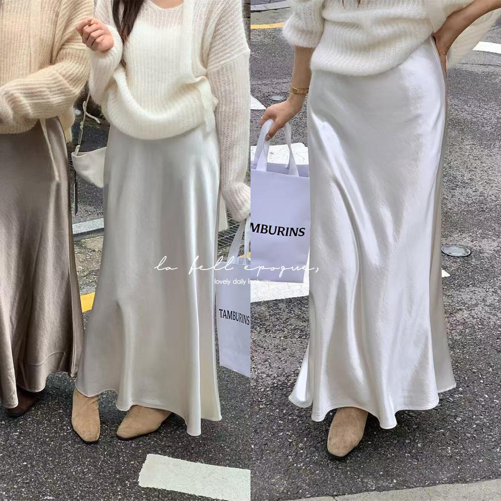 오엔 가을 결혼식 하객 슬림 머메이드 새틴 실크 스커트