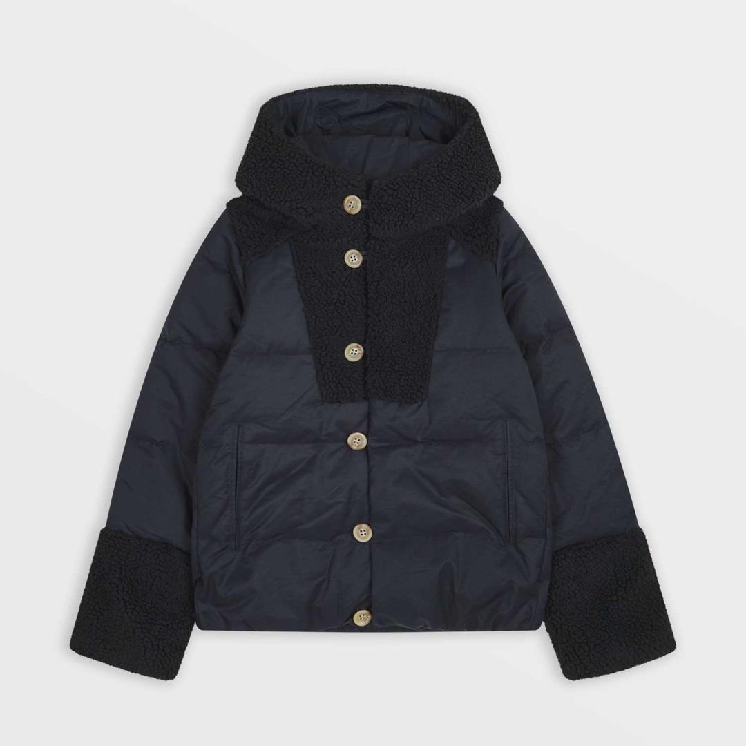 Fleece Button Hooded Down Jacket (Black)