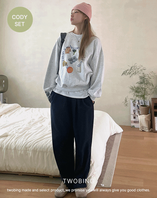 [코디세트] 후르츠 루즈핏 맨투맨 + 퍼스트 어텀 피치코튼 와이드 팬츠
