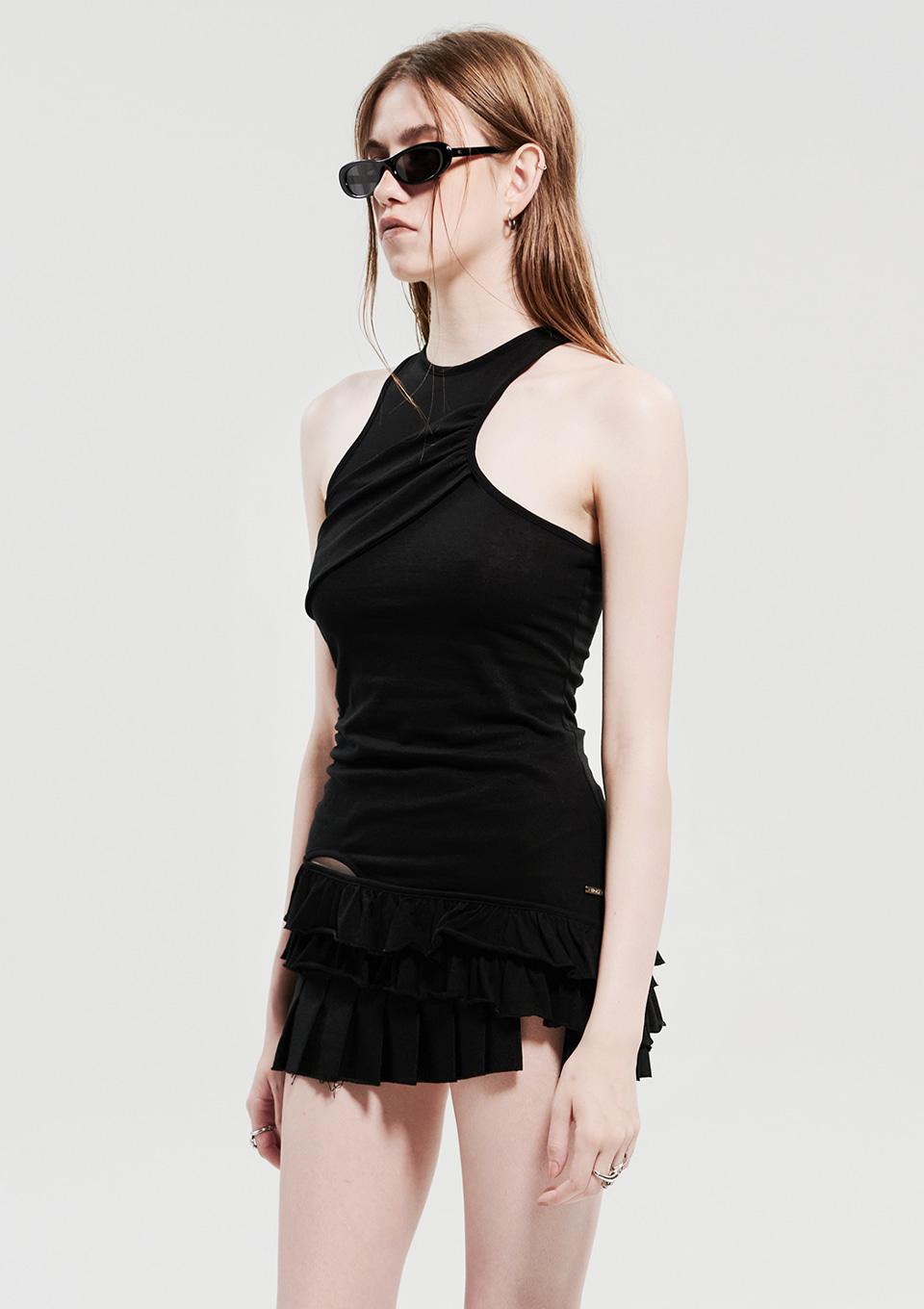 사이드 홀 러플 숏 나시_블랙Sidehole ruffle short sleeveless_black