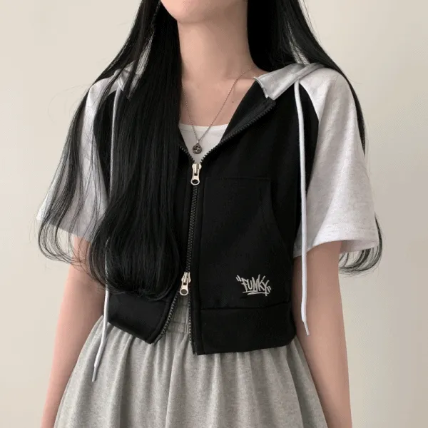 [y2k/캐주얼] 배색 나그랑 반팔 후드집업 [3color]