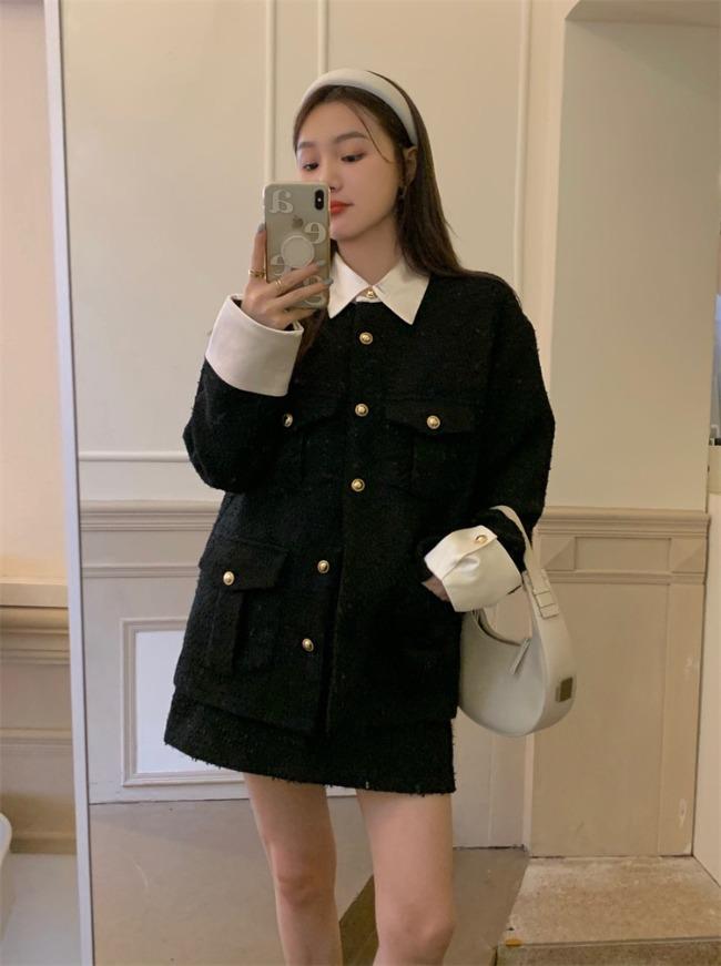 [당일출고] SET 트위드 블랙 자켓 + 트위드 스커트 금장 단추 하객룩
