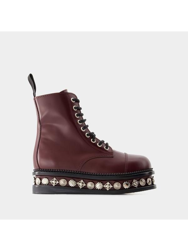 스터드 장식 레더 레이스업 부츠