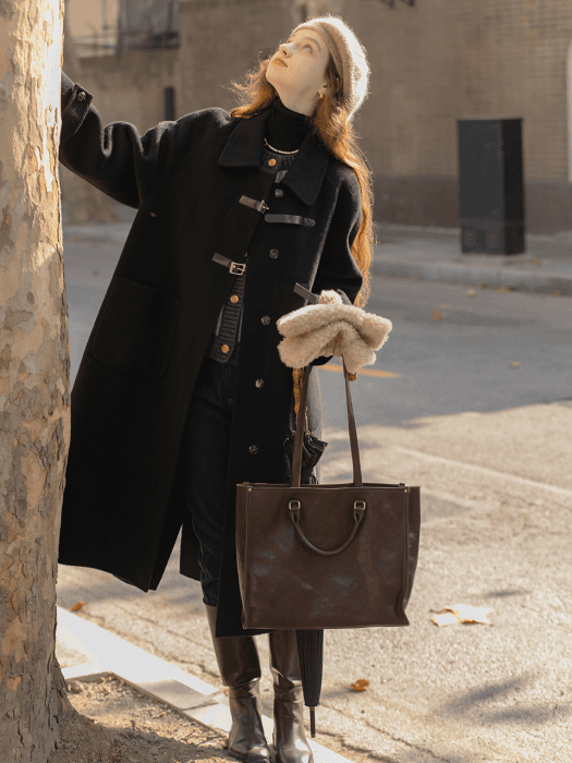 CAEL handmade wool buckle long coat_black