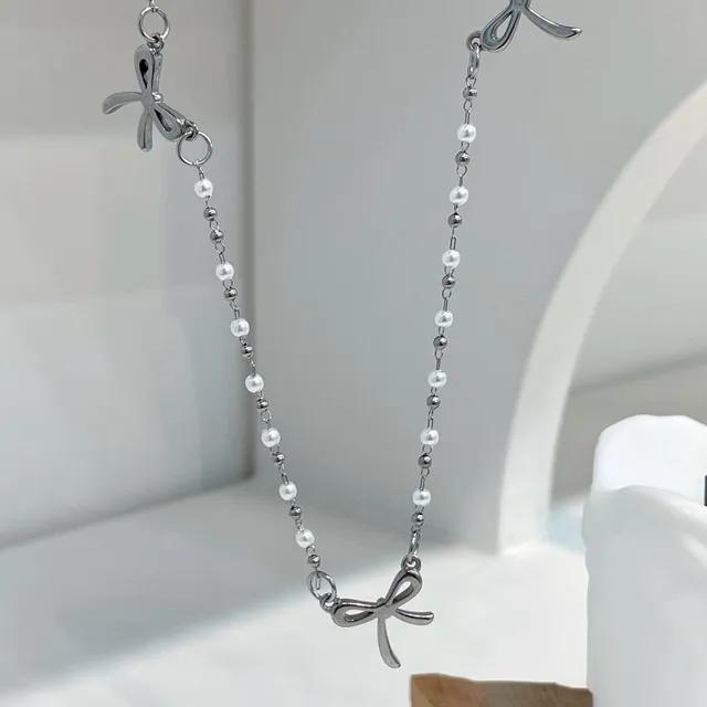 써지컬스틸 레이어드 리본 진주 목걸이