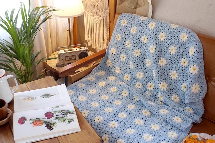 연블루 하와이꽃 패턴 파스텔톤 뜨게 블랭킷 뜨게담요/뜨개/담요/러너