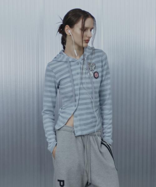 BADGE STRIPE HOODED CARDIGAN / BABY BLUE
