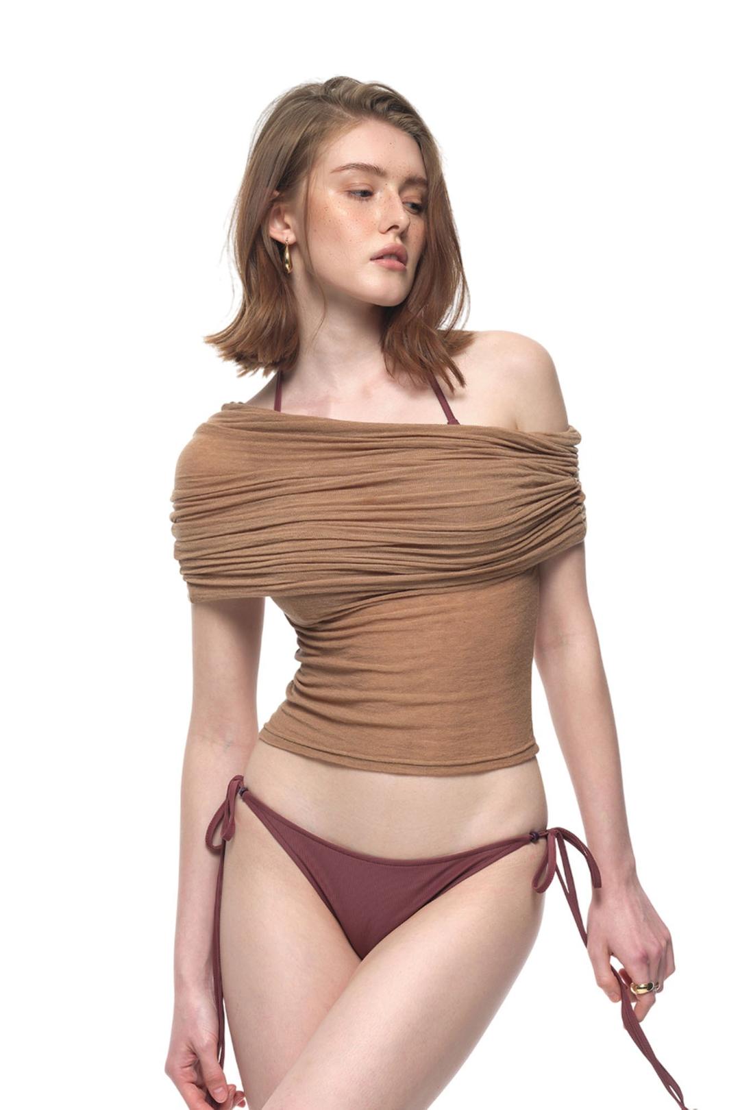 FOLDOVER OFF-SHOULDER TOP (TAN BEIGE)