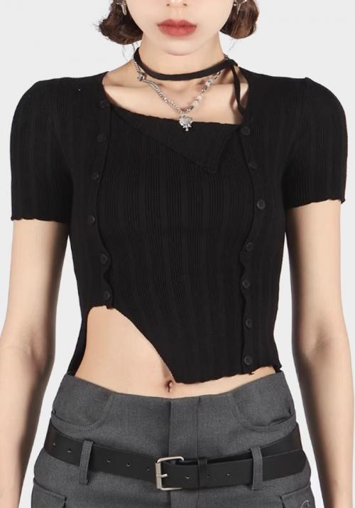 레트로 슬림 슬릿 니트 티셔츠 (WOMEN)