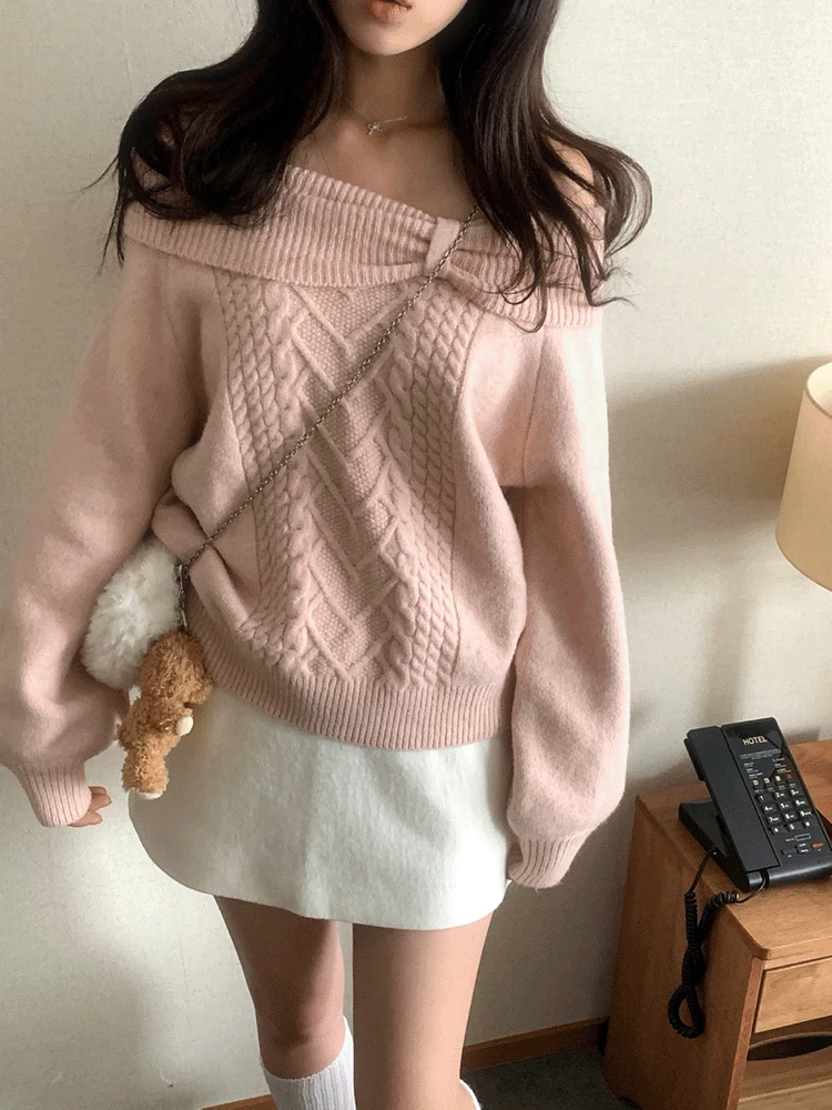 [🎀러블리/부들촉감] 러빗 리본 오프숄더 니트