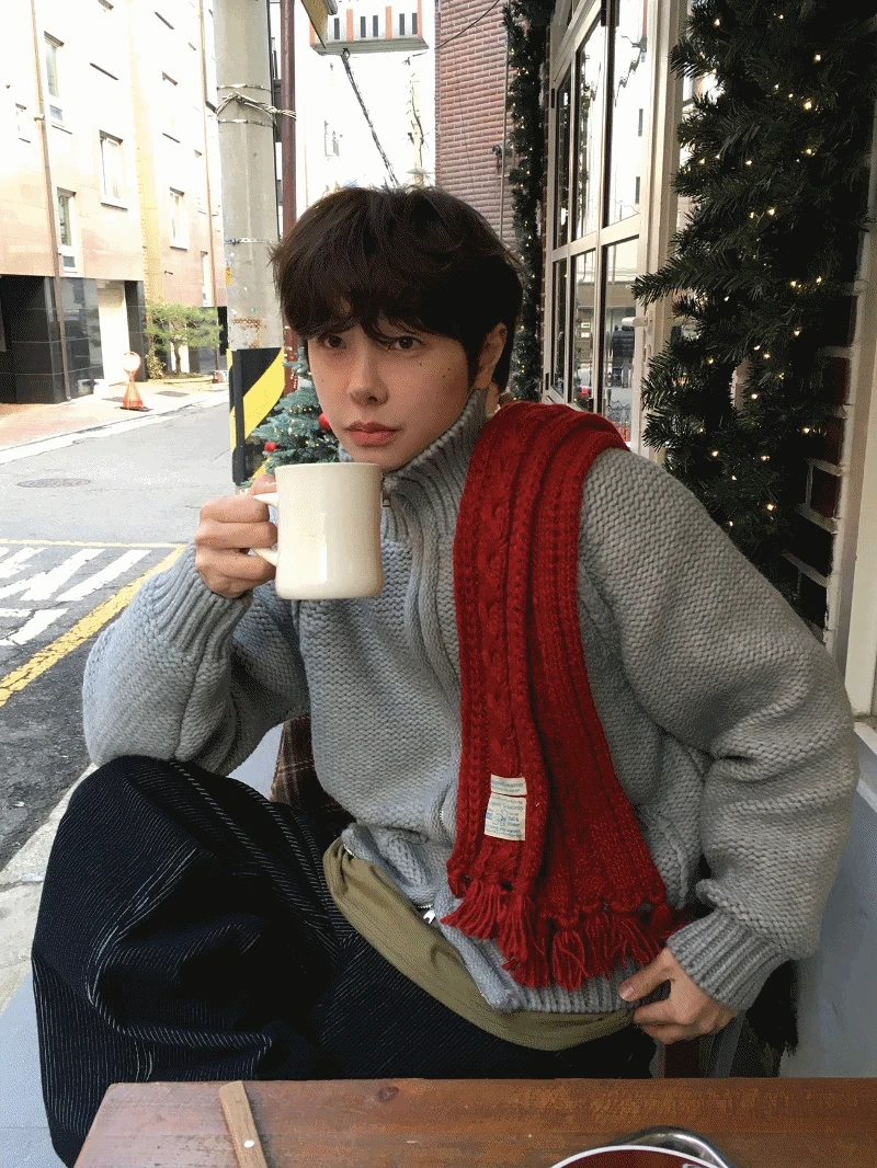 우드 하이넥 해비 니트 집업 (4color)