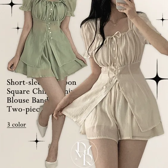 [여름ver./저렴이x] 반팔 리본 스퀘어 쉬폰 셔링 블라우스 밴딩 플레어 팬츠 세트 투피스