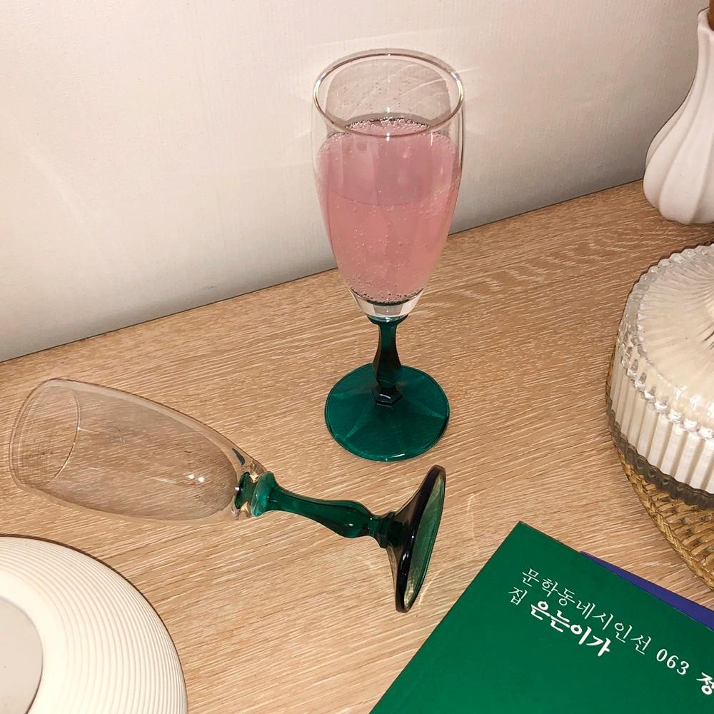 1잔+1잔 레트로 그린 컬러 와인 고블렛 세트 샴페인 쥬스 빈티지 유리잔