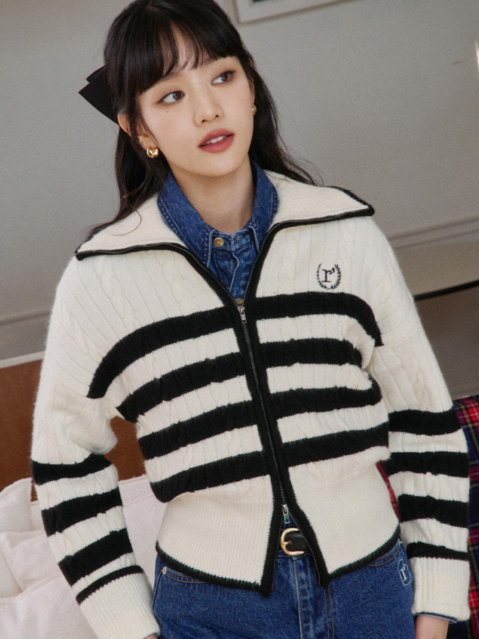 TWOWAY STRIPE ZIPUP KNIT IVORY