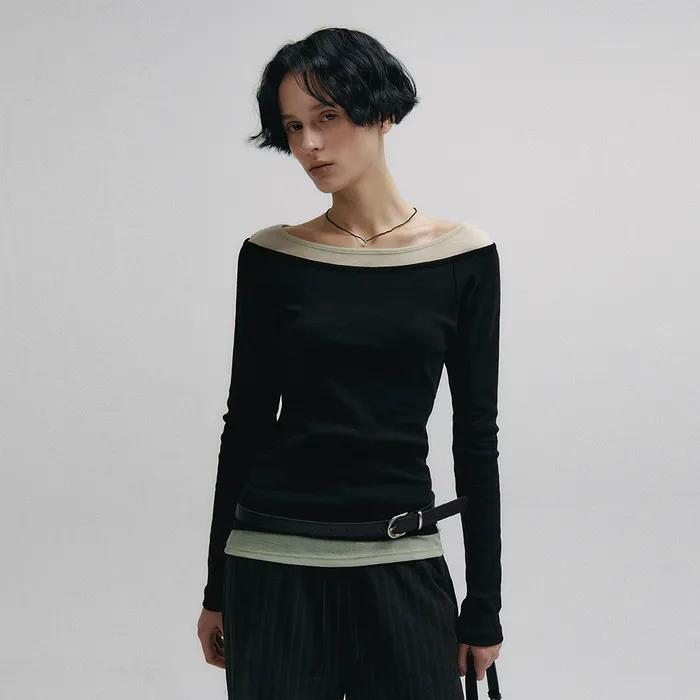 Boat Neck Layered Slim T-shirt (Black)