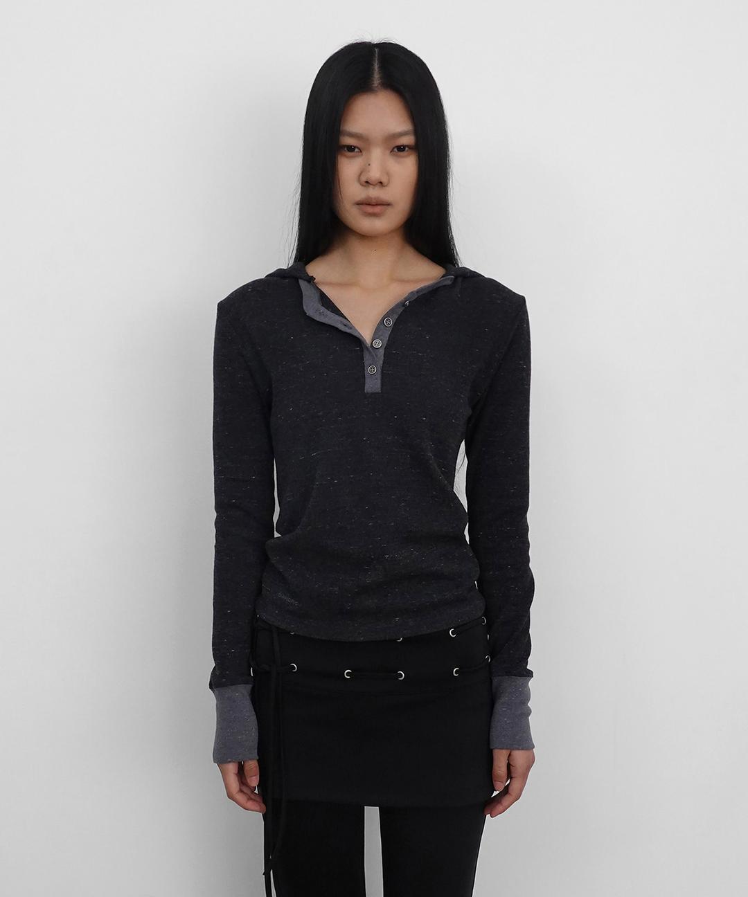 Henley Neck Waffle Hooded Long Sleeve_Charcoal