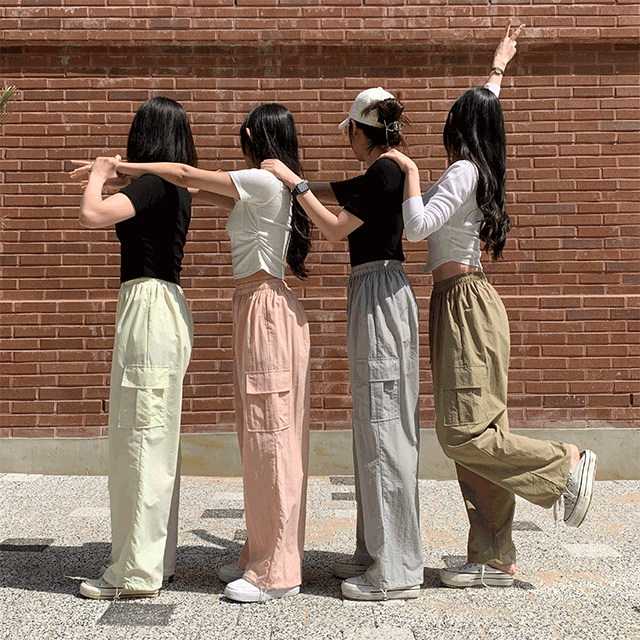 [핑크제작] 핸스 하이웨스트 와이드 스트링 카고 팬츠 (4color) [여름바지/썸머팬츠/페스티벌/바캉스룩/바스락/핑크]