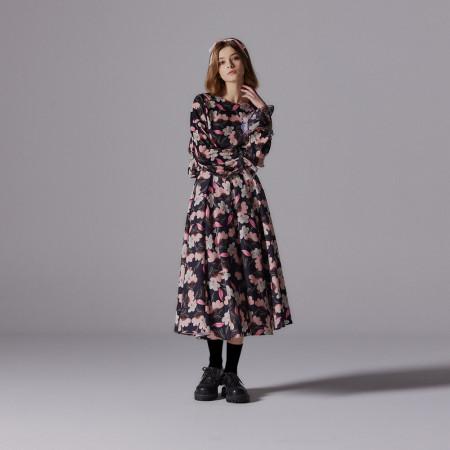 [JUNGHEEZIN] 나이트 플라워 프린트 턱 플리츠 미디 스커트