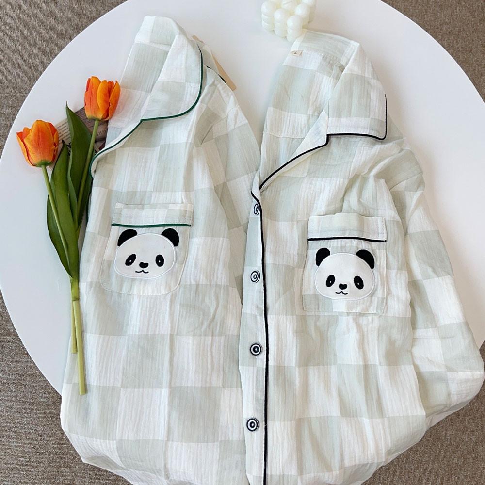 팬더 체크 요루면 순면 시어서커 동물 캐릭터 신혼 커플 빅사이즈 잠옷 파자마 세트