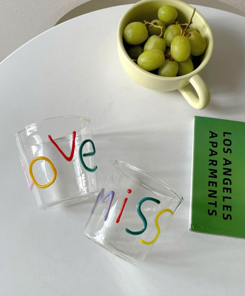 양각 입체 디자인 영문 love miss 컬러풀 귀여운 투명 유리컵 홈카페 2 design