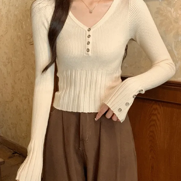 [하객룩]요키 브이넥 버튼 니트