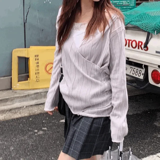 [레이어드룩/루즈핏] 로우키 물결 셔링 랩 후드 간절기 니트