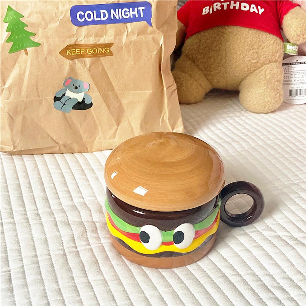 [모모피너츠] 귀여운 햄버거 머그컵 치즈버거 머그컵 머그컵뚜껑세트 홈카페 선물