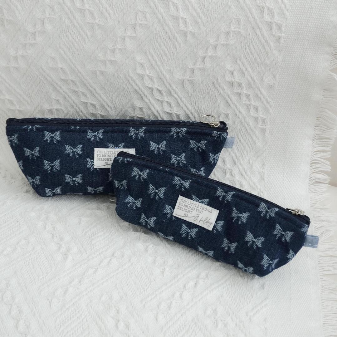 제이풀데이 handmade˚。⋆[2 size]리본 데님필통 발레코어필통 귀여운필통 봉제필통 펜케이스 학생필통 청펜케이스