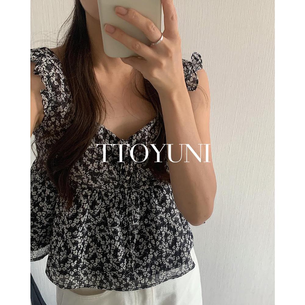 떠유니 리터 LITER 플로르 블라우스 플라워 민소매 프릴 쉬폰 리본 떠유니