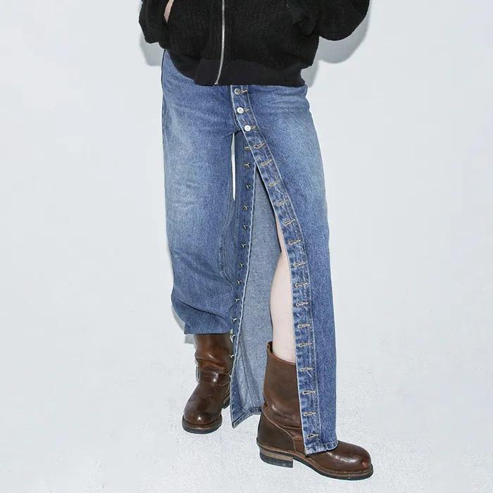 LONG BUTTON FLY JEANS (BLUE)