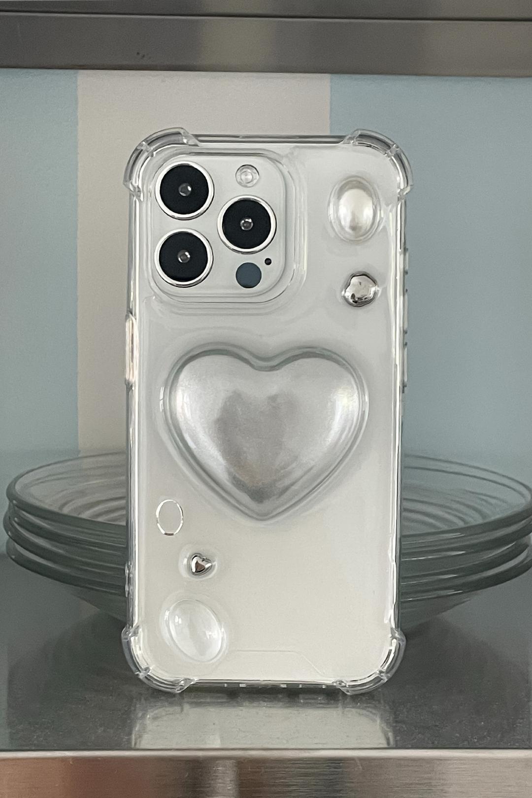 silver&white heart 레진  폰케이스